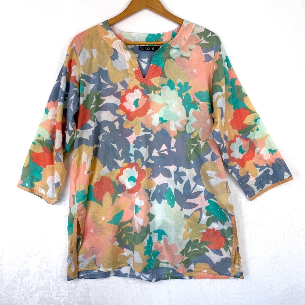 KikiSol Womens 100% Cotton Floral Tunic Top Split‎ V-Neck 3/4 Sleeve Multi-Color